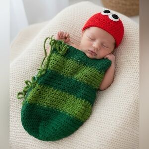 Handmade Green and Red Baby Crochet hungry, hungry caterpillar swaddle with hat